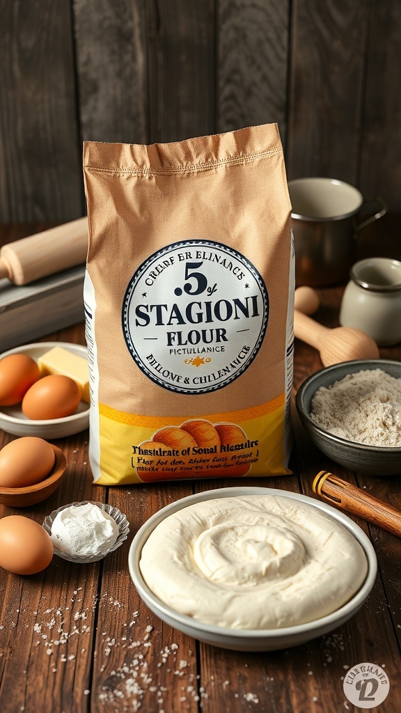 A bag of 5 Stagioni flour on a wooden table with baking ingredients.